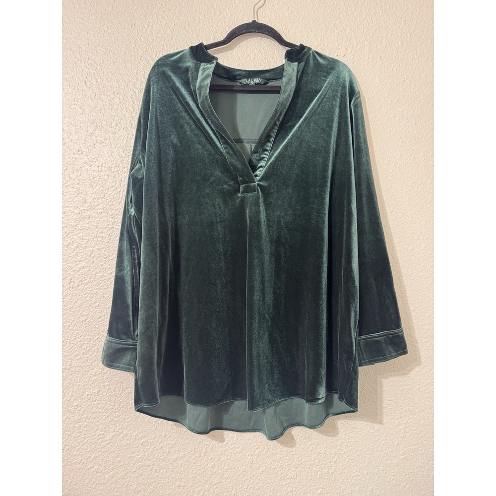 Lauren Ralph Lauren Plus Top 2X Womens Velvet Designer Holiday Green Stretch